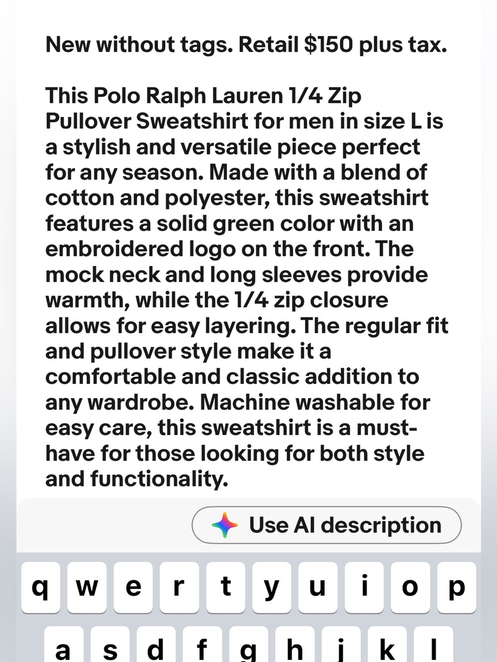 NWOT POLO RALPH LAUREN Sweatshirt Mens L Green Quarter Zip Fleece Lined $150 - Picture 13 of 14